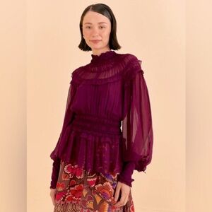Farm Rio Blouse Top Shirt Ruffle High Neck Burgundy Long Sleeve Blouse NWOT